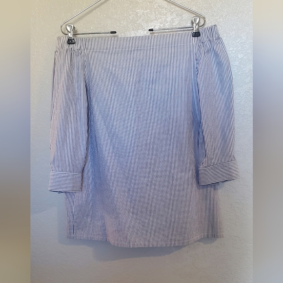 Theory Juscla Masin Off-Shoulder Gray & White Striped Cotton Blouse Size Small - Picture 2 of 8
